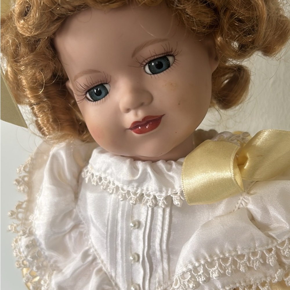 Porcelain Girl Doll in Cream & White with Blue Sash
